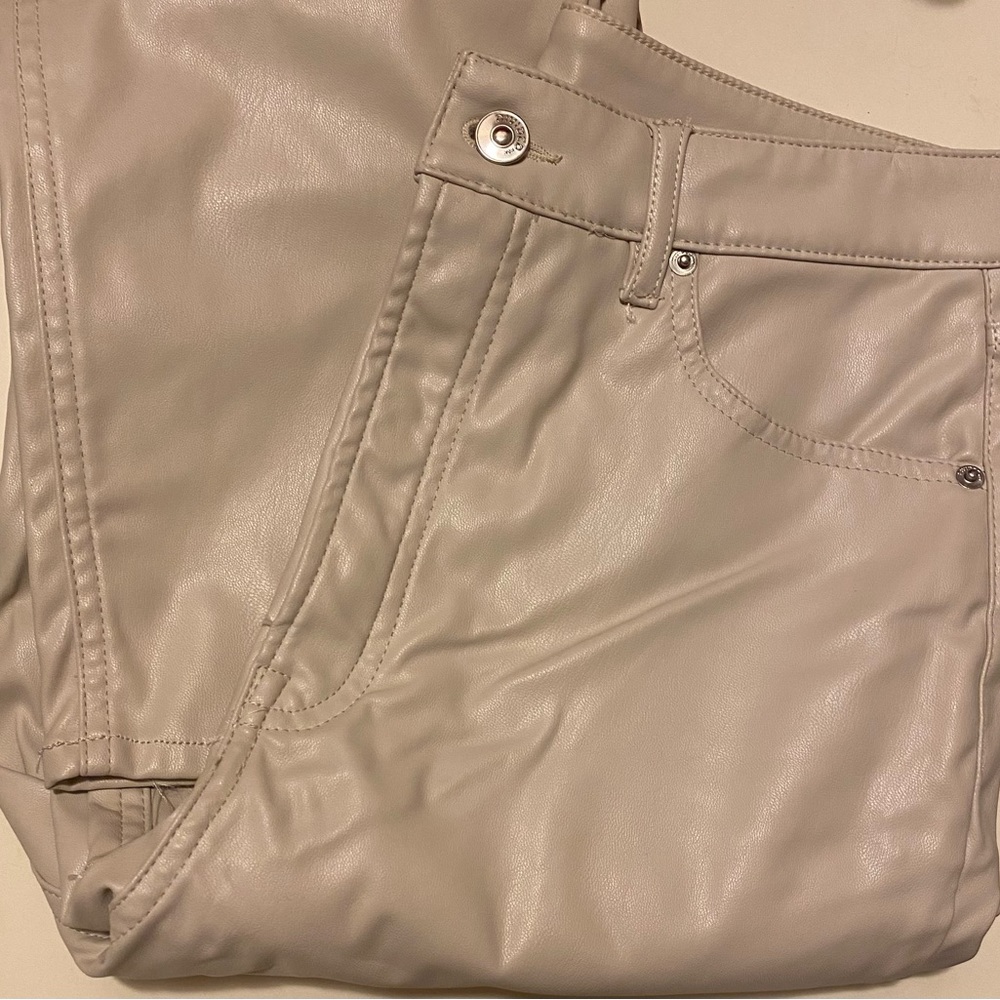 5-Pocket Faux Leather High Waist Zip Fly Straight Leg Cream Colored Pant